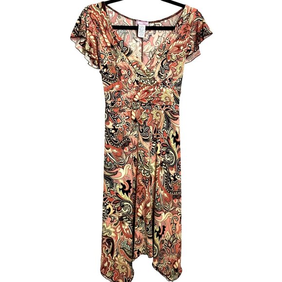 Vol.1 Dresses & Skirts - Vol.1 Paisley Print Midi Dress With Flutter Sleeves Handkerchief Hem V-Neck Lg